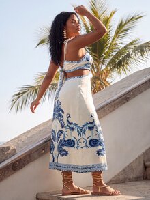 CAJUNI Gaun Wanita Ukuran Besar Motif Bunga Kasual Sehari-hari Musim Panas dengan Tali Bahu Tipis - Blue and White - View 2