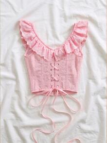 Soleia Corset de moldeo con cuello cuadrado, mangas cortas, volantes y bordados calados, para el verano - Rosa - Ver 2
