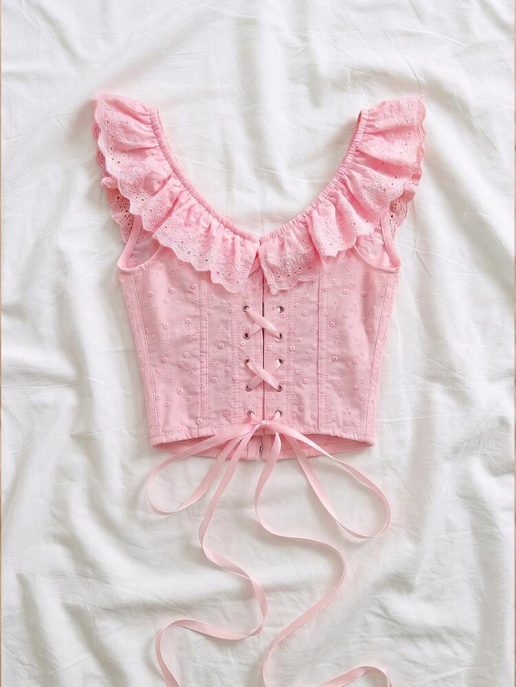 Soleia Square Neck Cap Sleeve Ruffled Embroidered Burn-Out Shapewear Corset, Summer Vacation Soft Pink Cute - Pink - View 2