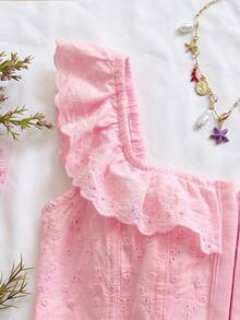 Soleia Corset de moldeo con cuello cuadrado, mangas cortas, volantes y bordados calados, para el verano - Rosa - Ver 4