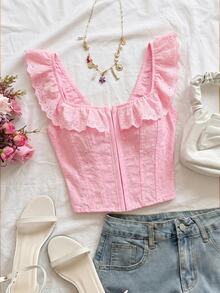 Soleia Corset de moldeo con cuello cuadrado, mangas cortas, volantes y bordados calados, para el verano - Rosa - Ver 1