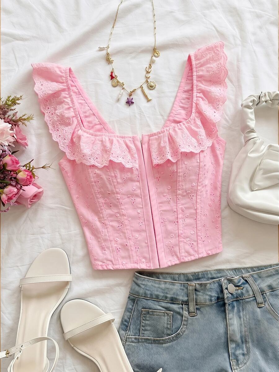 Soleia Corset de moldeo con cuello cuadrado, mangas cortas, volantes y bordados calados, para el verano - Rosa - Ver 1