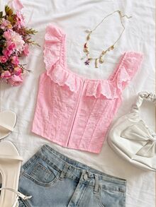 Soleia Corset de moldeo con cuello cuadrado, mangas cortas, volantes y bordados calados, para el verano - Rosa - Ver 6
