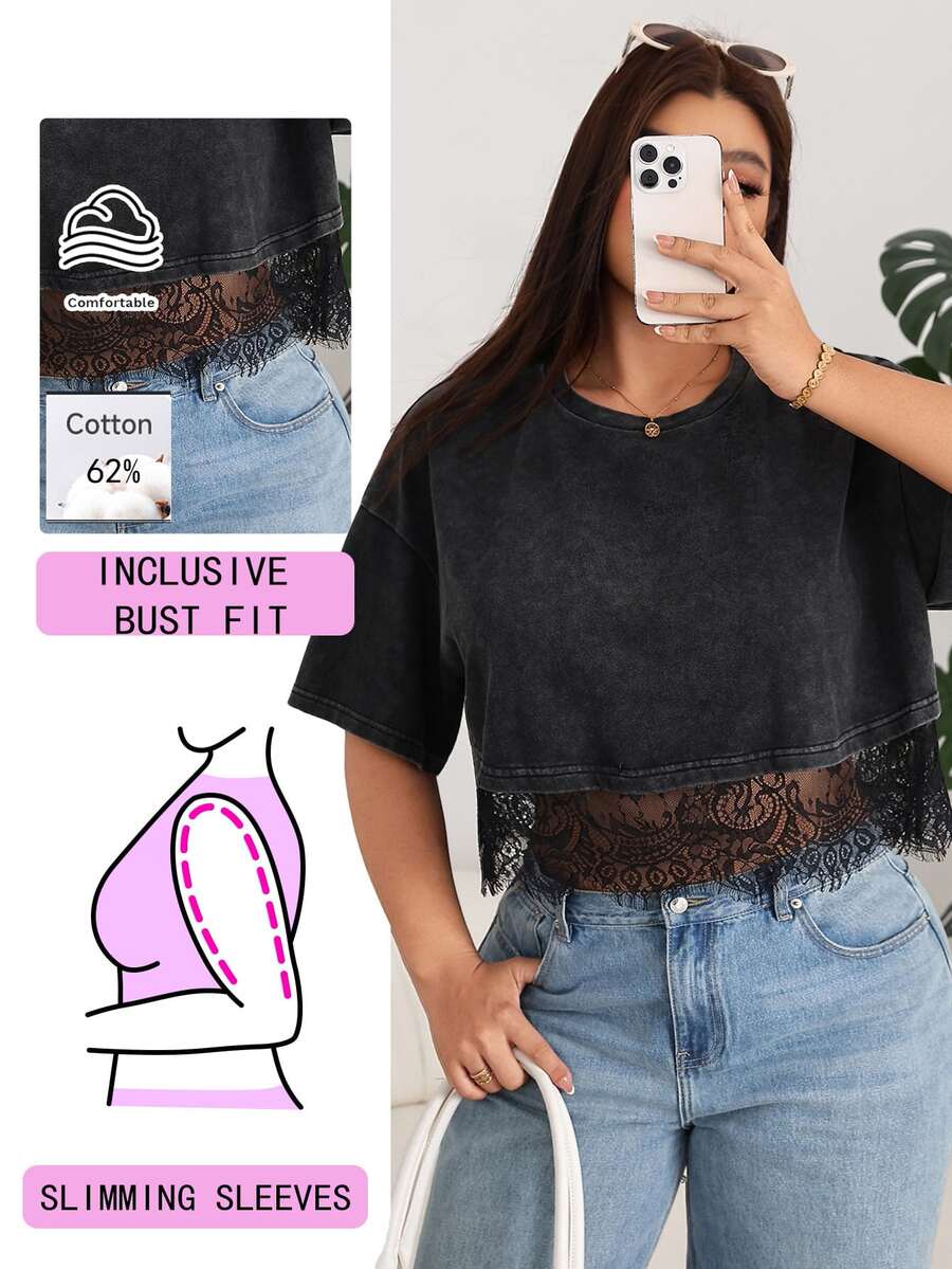 Solflare Plus Size Summer Casual Lace Patchwork Cropped T-Shirt - Black - View 1