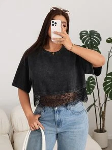 Solflare Plus Size Summer Casual Lace Patchwork Cropped T-Shirt - Black - View 6