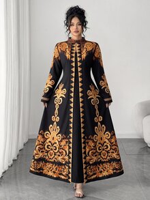 Rometta 大尺碼女款復古黑色與金配色印花長洋裝，修身休閒幾何優雅秋季通勤穿搭，婚禮正式場合適用 - 黑色 - 查看 4