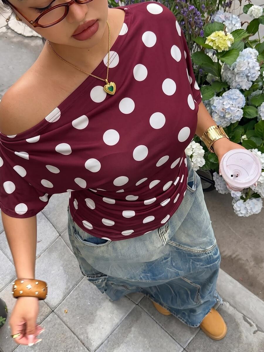 Muchica Burgundy Polka Dot Plus Size Women's Asymmetrical Shoulder Short Sleeve T-Shirt - Burgundy - View 1