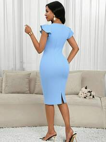 SHEIN Lady 女士纯色方领荷叶袖修身中长连衣裙 - 藍色 - 查看 2