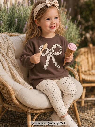 Cute Fashion Hand-Painted Wavy Edge Bow Pattern Print, Baby Girl Casual Soft Comfortable Loose Round Neck Pullover Sweatshirt And Thick Polka Dot Leggings 2-Piece Set, Suitable For Autumn/Winter Daily, School, Outings, Halloween, Christmas, Fall Season, Girly Style