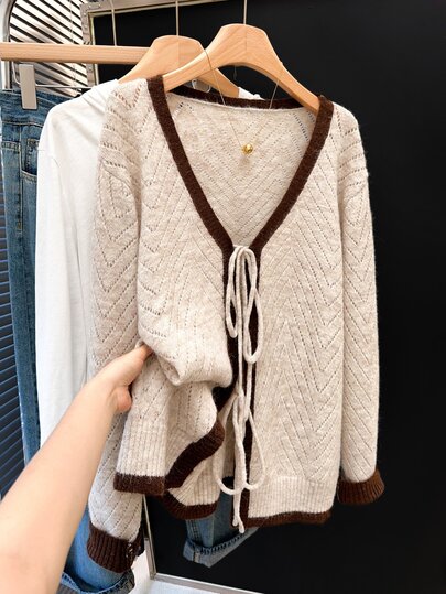 GlowEve CURVE Cárdigan de punto de manga larga para mujer, nuevo modelo de otoño, cuello en V con abertura, diseño de moda con lazo delantero, corte regular, elegante y versátil para uso diario y oficina