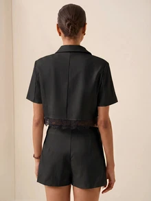 Briarwyn 女款蕾絲拼接短袖上衣與裙褲休閒日常兩件套 - 黑色 - 查看 7