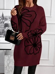 EMERY ROSE Women Cold Shoulder Long Sleeve Embroidered Knit Sweater Dress In Autumn Formal Party Going Out Black Floral Elegant Casual - Burgundy - View 3