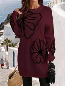 EMERY ROSE Women Cold Shoulder Long Sleeve Embroidered Knit Sweater Dress In Autumn Formal Party Going Out Black Floral Elegant Casual - Burgundy - View 1