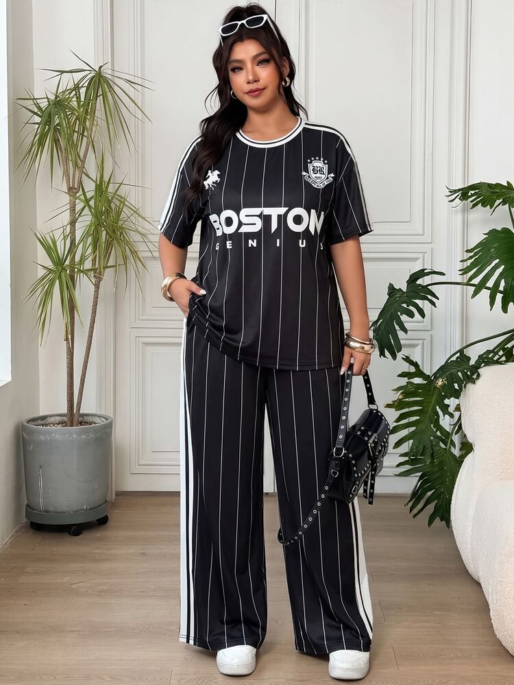 SHEIN EZwear Plus Size Women's Letter Knight Graphic Short Sleeve Top And Long Pants Casual Sport Cowboy Everyday Set Vacation Formal Black Summer - Black - View 6