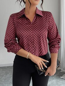 Elenzga Plus Size Casual Commute Polka Dot Print Shirt Fall - Multicolor - View 4