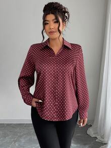 Elenzga Plus Size Casual Commute Polka Dot Print Shirt Fall - Multicolor - View 3