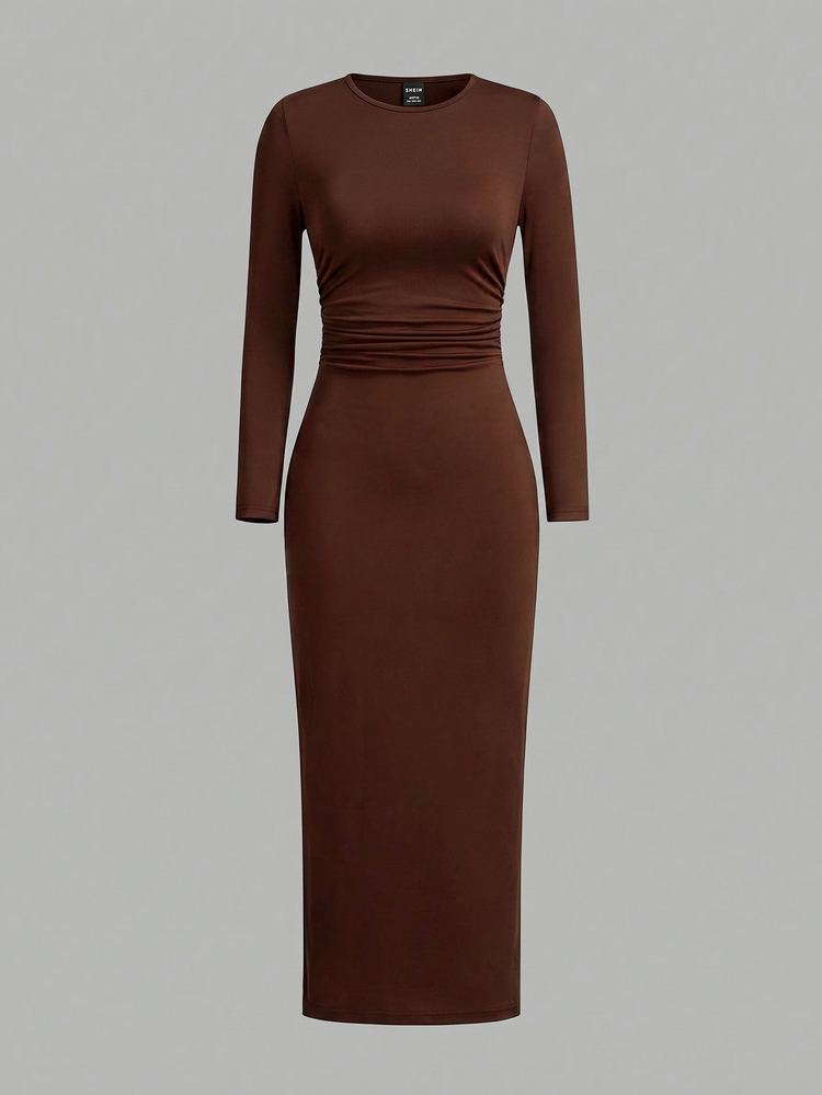 SHEIN EZwear Coffee Brown Plus Size Women's Round Neck Long Sleeve Fitted Elegant Dress Fall - Coffee Brown - View 1