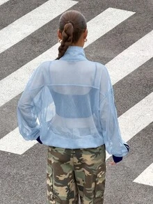 Muchica Women's Colorblock Striped Mesh Semi-Sheer Lightweight Jacket - Baby Blue - View 2
