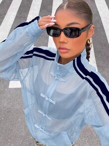 Muchica Women's Colorblock Striped Mesh Semi-Sheer Lightweight Jacket - Baby Blue - View 3
