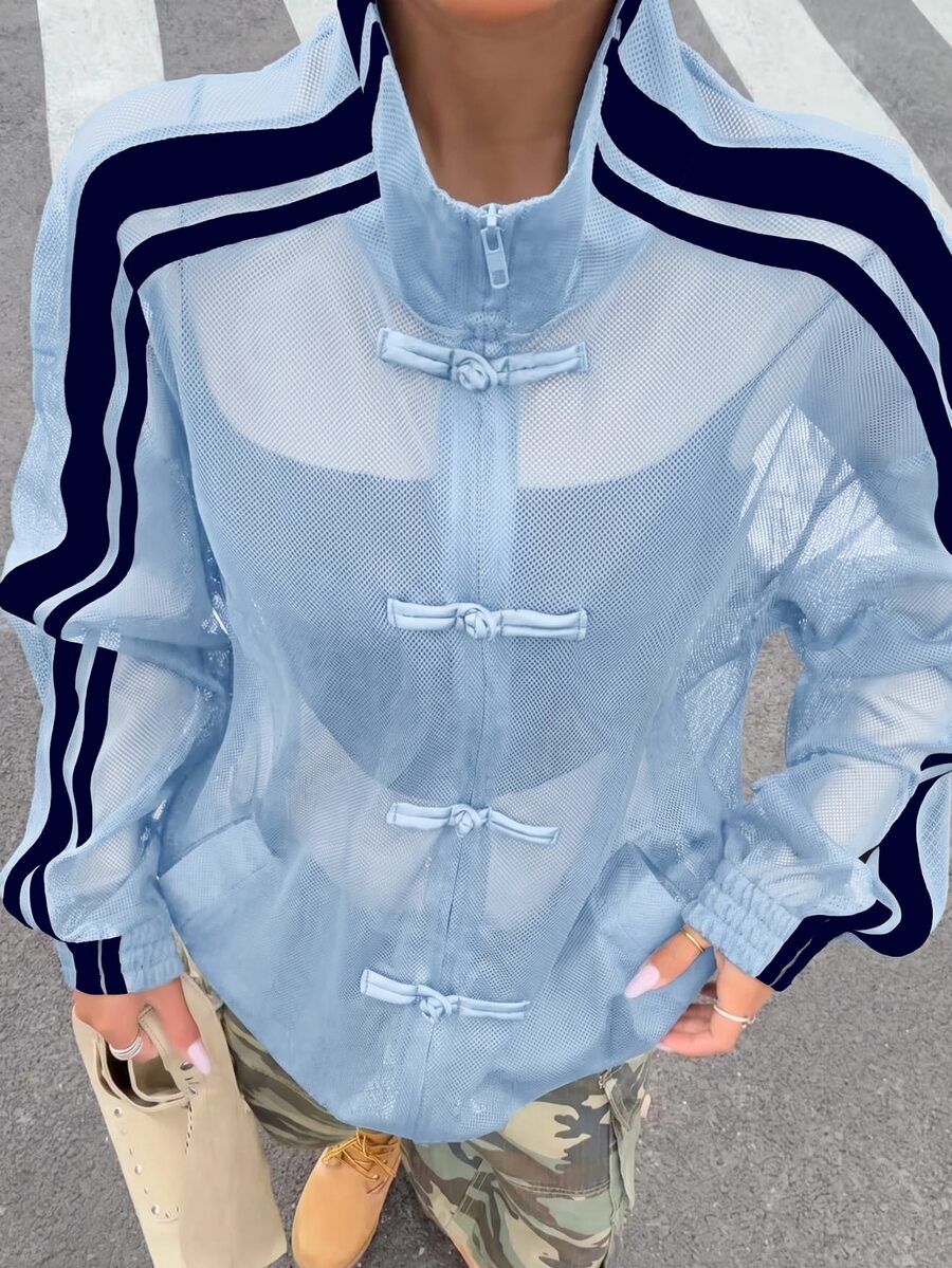 Muchica Women's Colorblock Striped Mesh Semi-Sheer Lightweight Jacket - Baby Blue - View 1