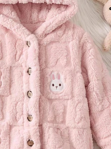 Cozy Pixies 女嬰珊瑚絨粉色雙面兔圖緹花長款冬季外套，舒適可愛 - 粉色 - 查看 7