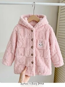Cozy Pixies 女嬰珊瑚絨粉色雙面兔圖緹花長款冬季外套，舒適可愛 - 粉色 - 查看 2