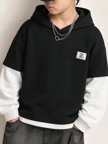 SHEIN 兒童青少年男孩極簡街頭風小字母貼布連帽2合1衛衣，長袖休閒學院風舒適時尚簡約實用百搭，柔軟面料，適合日常穿著、上學、旅行、戶外運動，四季皆宜 - 黑與白 - 查看 4