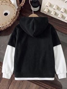 SHEIN 兒童青少年男孩極簡街頭風小字母貼布連帽2合1衛衣，長袖休閒學院風舒適時尚簡約實用百搭，柔軟面料，適合日常穿著、上學、旅行、戶外運動，四季皆宜 - 黑與白 - 查看 3