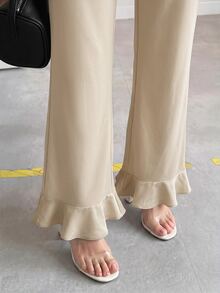 Editum 女款米色修身高腰針織彈性長褲，適合茶會、教師節、商務早午餐、辦公室工作、夏季休閒、法式優雅風格 - 杏色 - 查看 5