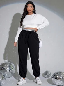 SHEIN EZwear 黑色大尺碼女款字母腰帶休閒寬鬆錐腳運動長褲 - 黑色 - 查看 3
