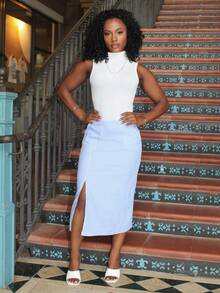 Steph T Blue & White Vertical Striped Split Hem Skirt, New Summer Straight Bodycon Skirt For Women - Blue and White - View 6