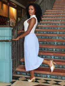 Steph T Blue & White Vertical Striped Split Hem Skirt, New Summer Straight Bodycon Skirt For Women - Blue and White - View 5