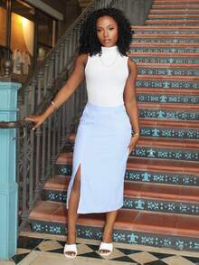 Steph T Blue & White Vertical Striped Split Hem Skirt, New Summer Straight Bodycon Skirt For Women - Blue and White - View 1