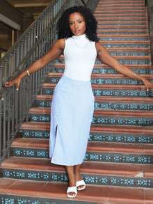 Steph T Blue & White Vertical Striped Split Hem Skirt, New Summer Straight Bodycon Skirt For Women - Blue and White - View 4