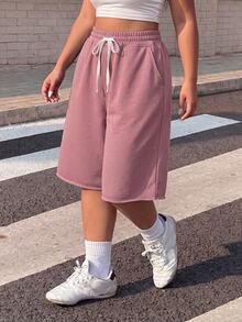 Muchica Lotus Pink Casual Women's Plus Size Drawstring Waist 5-Inch Shorts - Dusty Pink - View 4
