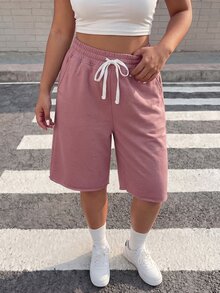 Muchica Lotus Pink Casual Women's Plus Size Drawstring Waist 5-Inch Shorts - Dusty Pink - View 3