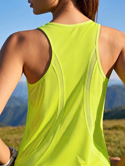 Exploreva Tank Top Outdoor Wanita Warna Neon Lime dengan Sisipan Jala