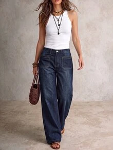 Balvessa Casual Straight Leg High Waist Blue Daily Stretchy Washed Comfortable Flattering Wear Jeans For Women - Dark Wash - View 7