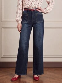 Balvessa Casual Straight Leg High Waist Blue Daily Stretchy Washed Comfortable Flattering Wear Jeans For Women - Dark Wash - View 3