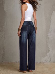 Balvessa Casual Straight Leg High Waist Blue Daily Stretchy Washed Comfortable Flattering Wear Jeans For Women - Dark Wash - View 2