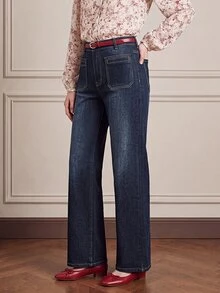 Balvessa Casual Straight Leg High Waist Blue Daily Stretchy Washed Comfortable Flattering Wear Jeans For Women - Dark Wash - View 6