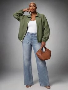 SHEIN Lunessa 女款綠色紋理輕量寬鬆通勤夾克，高肩袖設計 - 軍綠色 - 查看 4