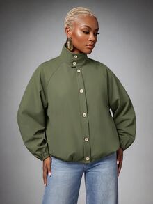 SHEIN Lunessa 女款綠色紋理輕量寬鬆通勤夾克，高肩袖設計 - 軍綠色 - 查看 5