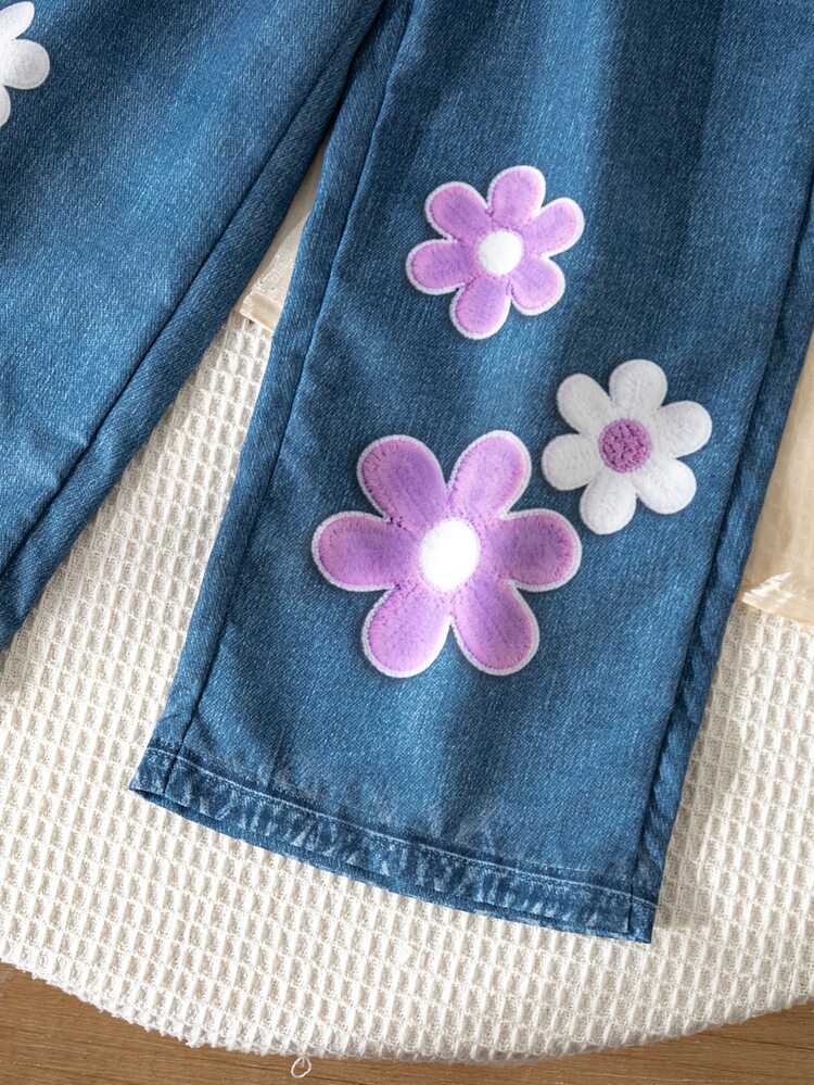 SHEIN Celana Panjang Anak Perempuan Motif Bunga Tenun Model Lurus - MultiWarna - View 8