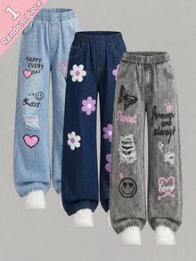SHEIN Kids Young Girl Woven Floral Print Straight Leg Pants - Multicolor - View 1