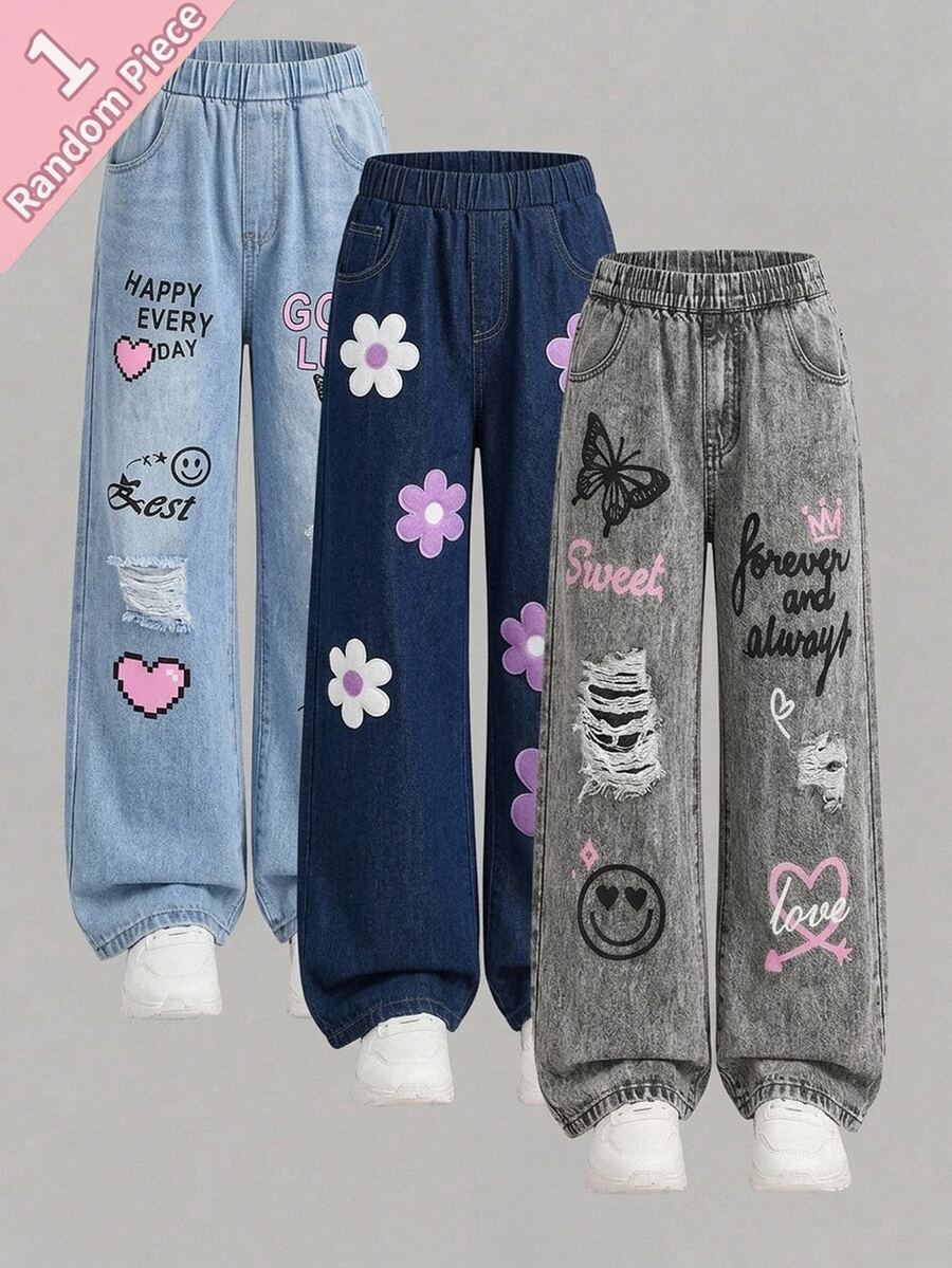 SHEIN Kids Young Girl Woven Floral Print Straight Leg Pants - Multicolor - View 1