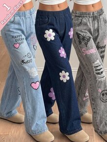 SHEIN Kids Young Girl Woven Floral Print Straight Leg Pants - Multicolor - View 2