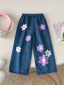 SHEIN Kids Young Girl Woven Floral Print Straight Leg Pants - Multicolor - View 5