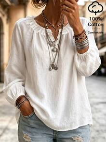 SHEIN Women's White V-Neck Ruffle Trim Fashion Long Sleeve Blouse, White Top, Women's Vacation Top, Women's Autumn Top, Commute Outfit, Casual Outfit, Holiday Outfit - White - View 4