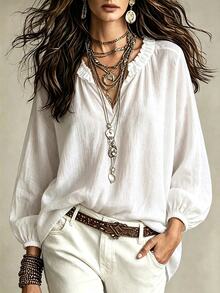 SHEIN Women's White V-Neck Ruffle Trim Fashion Long Sleeve Blouse, White Top, Women's Vacation Top, Women's Autumn Top, Commute Outfit, Casual Outfit, Holiday Outfit - White - View 5